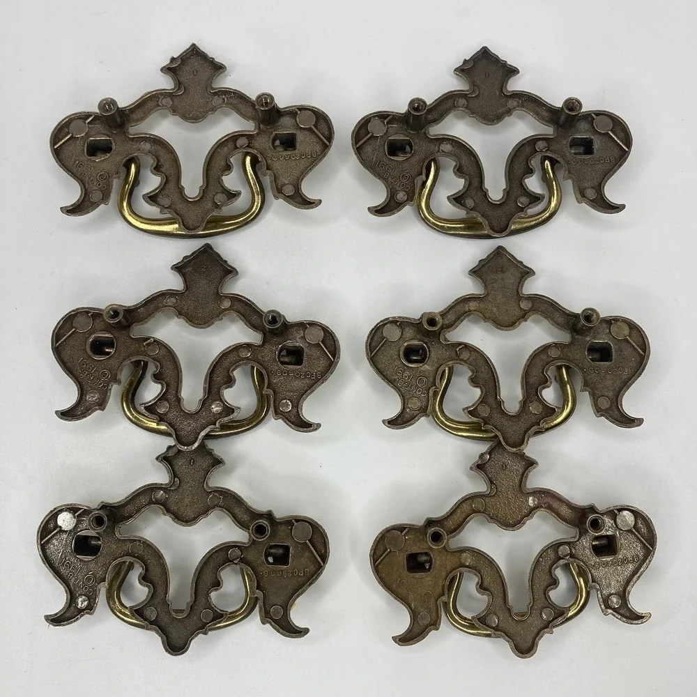 6 Brass Drawer Swing Handle Pulls Chippendale Batwing Antique Hardware